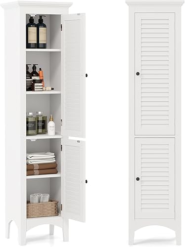 Miniatura 1 de Giantex Paquete de 2 gabinetes de almacenamiento altos para baño, gabinete de piso independiente estrecho de 63 pulgadas con puertas, estantes de 5