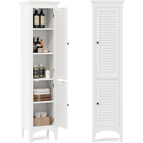 Giantex 2-Pack Bathroom Tall Storage Cabinet, 63" Narrow Freestanding Floor Cabinet with Doors, 5 Tier Shelves(1 Height Adjustable), Corner Pantry Cabinets for Living Room, Slim Tower, White