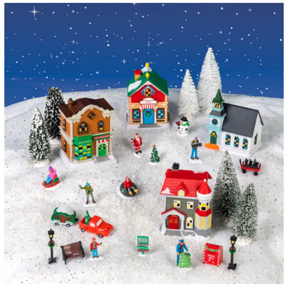 Farmhouse Treasures Miniature Christmas Village Set, with Red Truck and Camper, Snow Blanket, 28-Piece Bundle