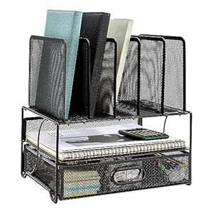 Amazon Basics Mesh Desk Organiser with Sliding Drawer, Double Tray and 5 Upright Sections, Black