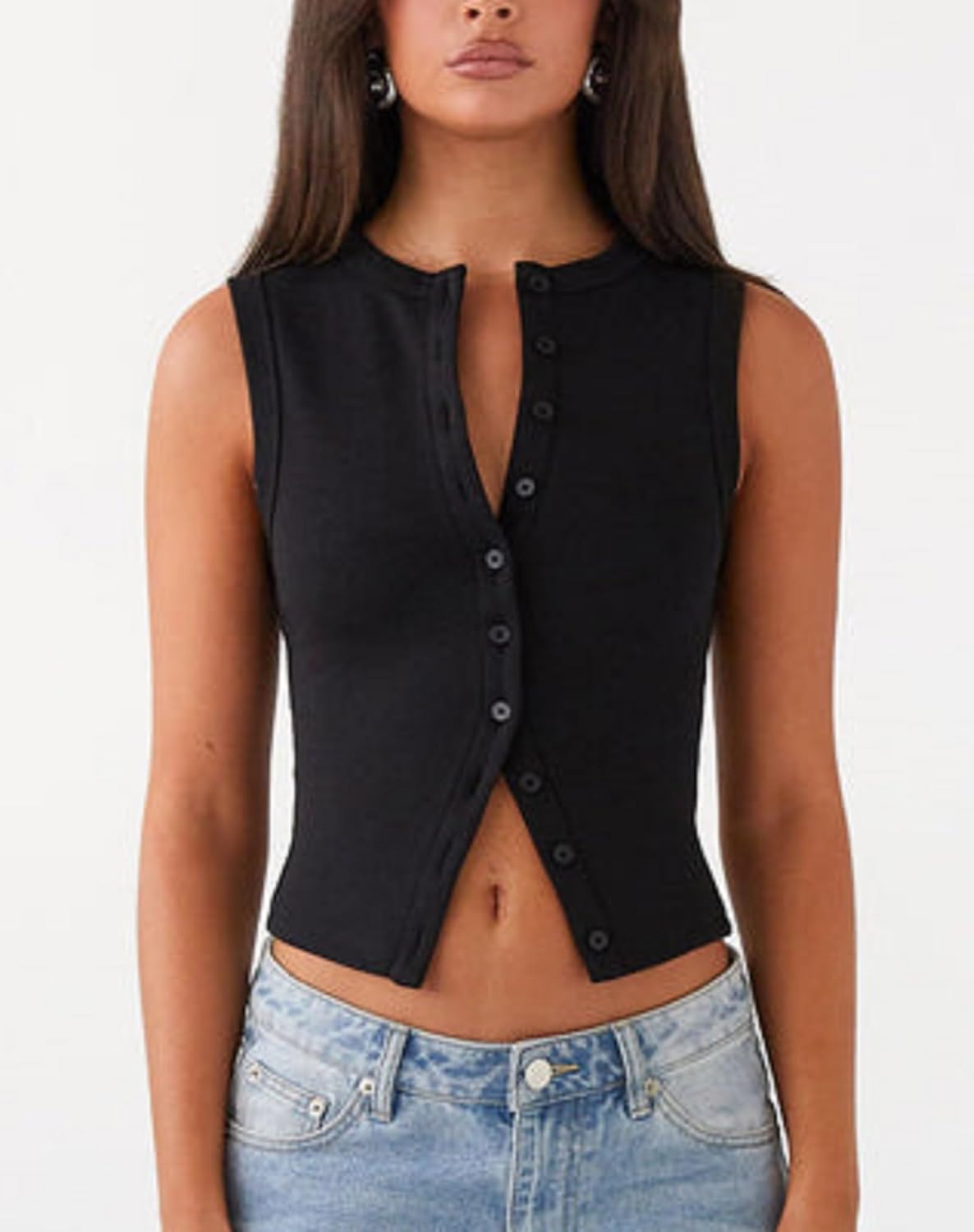 Faretumiya Women Button Down Tank Top Ribbed Summer Vest Tops Slim Fit Open Front Sleeveless Crop Shirt - Image 2