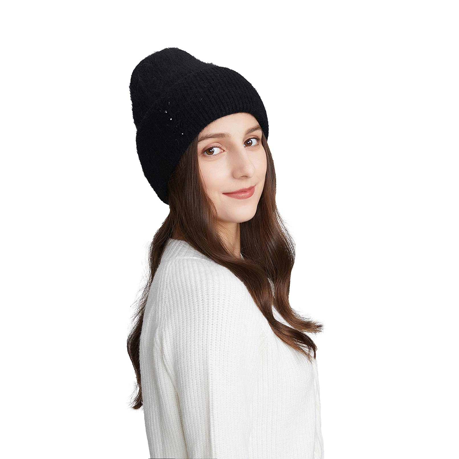 BeFur Bonnet à pompon en cachemire pour femme - Chaud - Côté large avec strass - Pour l'hiver, Noir , Taille unique