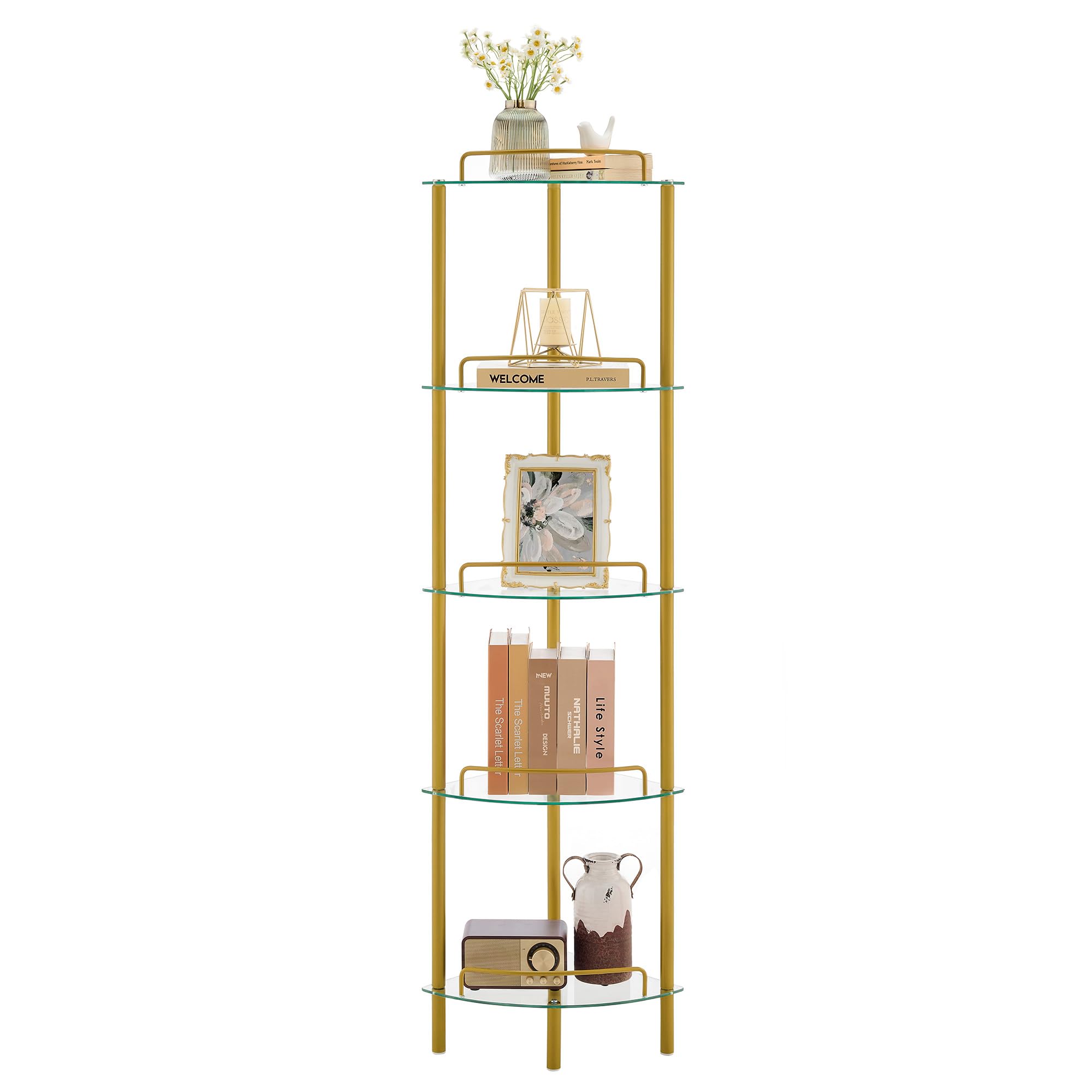FAVOOSTY Coner Shelf Unit Narrow Corner Bookcase Bookshelf Free Standing Shelf Glass & Metal Display Cabinet Ladder Shelf Storage for Living Room Bedroom, Gold