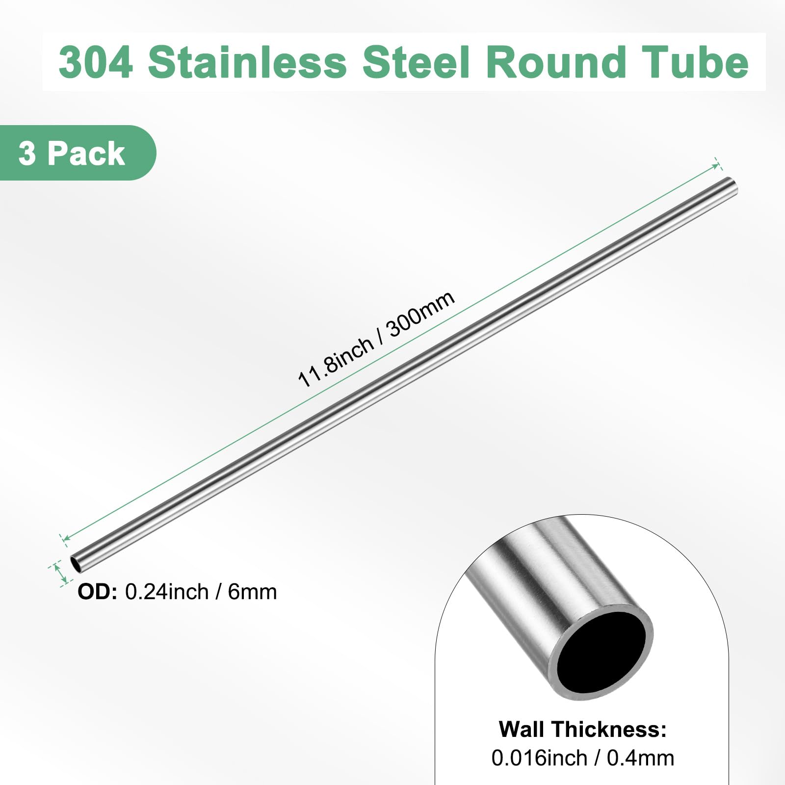 M METERXITY 3-Pack Tubo Inossidabile 304 300mm 6mm Diametro Esterno 0.4mm Spessore Parete Senza Saldatura