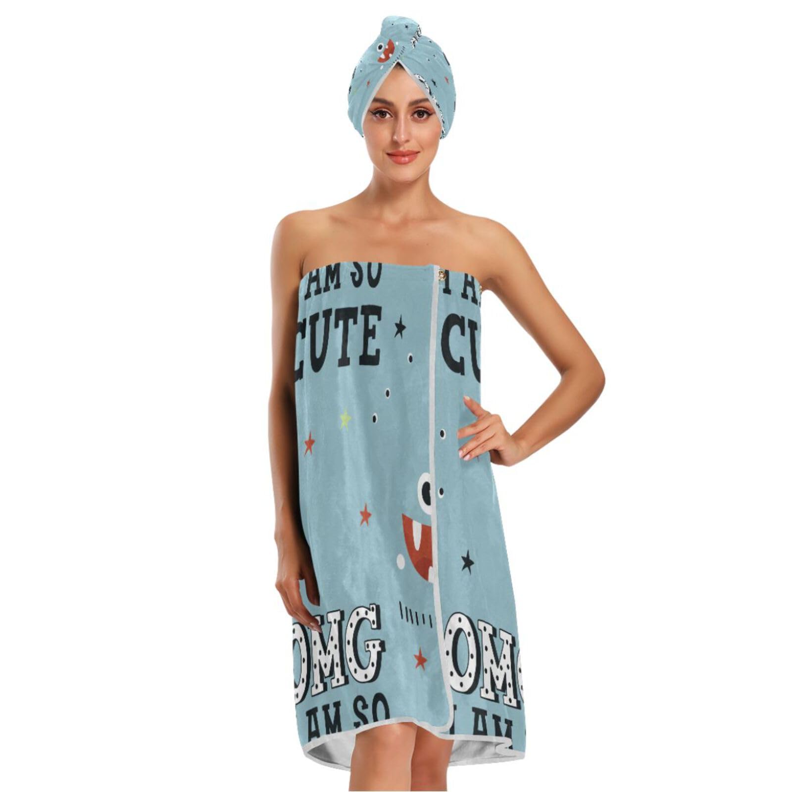beeplusWomens Wrap Towel OMG I M So Cute Monster Shower Wraps & Dry Hair Cap Towel Headband Body Wrap Adjustable Closure Bathrobe