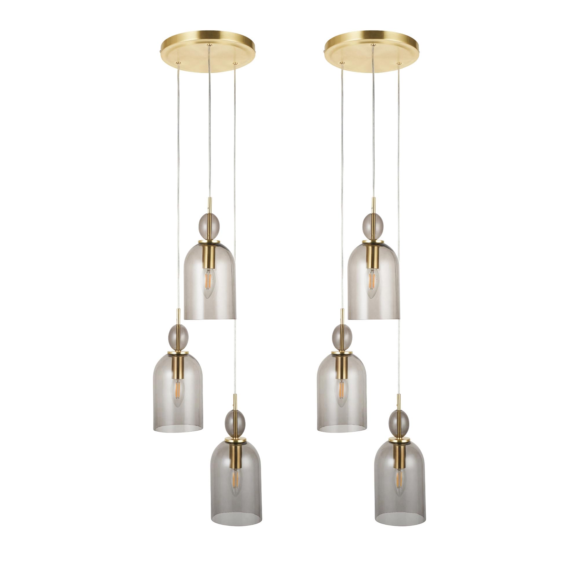 firstchoicelighting Set of 2 Antique Brass Ceiling Pendant Lights, Smoked Glass Shades, 3 Way Cluster Pebble Design, Height Adjustable