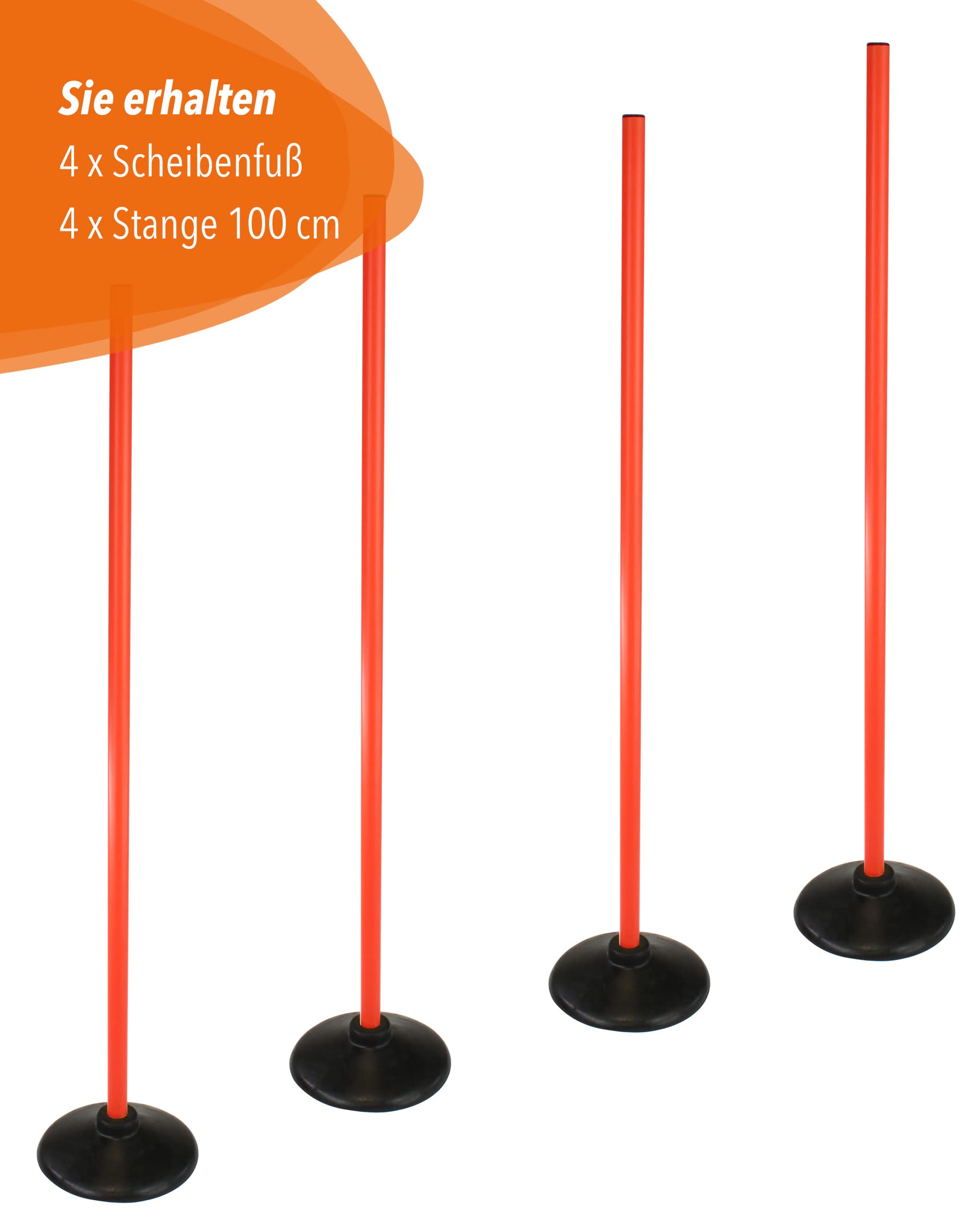 Kombi-Scheibenfuß aus Vollgummi & Stange 100 cm – 4er Set – Rubber Base & Trainingsstange für Slalom & Koordinationstraining – für Fußball & Hundesport – Agility-Stangen
