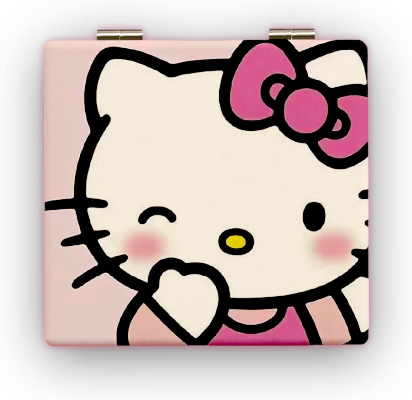 KOZUKI Pink Kitty Compact Mirror - 2.6"L x 2.7"W, Pink Leather Frame, 2-Sided, Tabletop Mount, Makeup Mirror