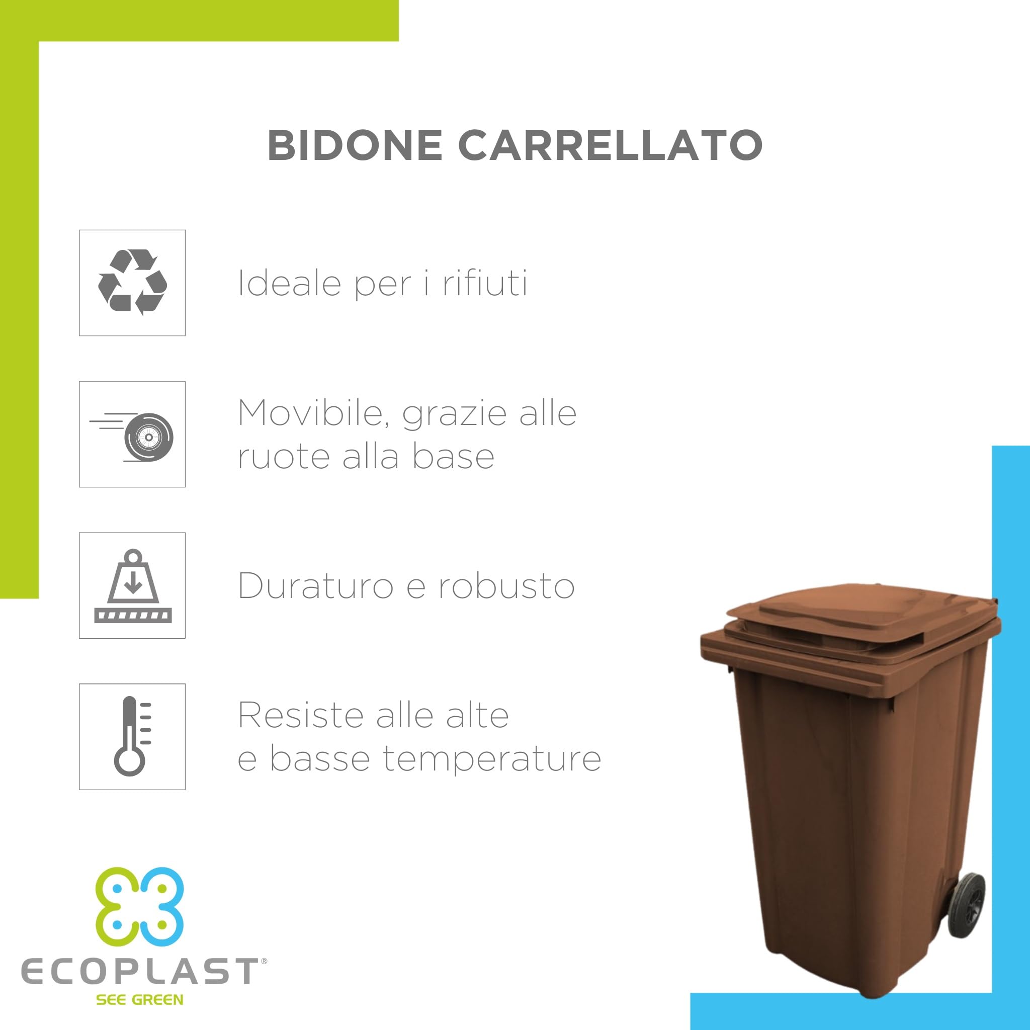 Ecoplast | Bidone Carrellato in Plastica, Bidone Spazzatura con Ruote, 120 Lt, Grigio, 55x48x94