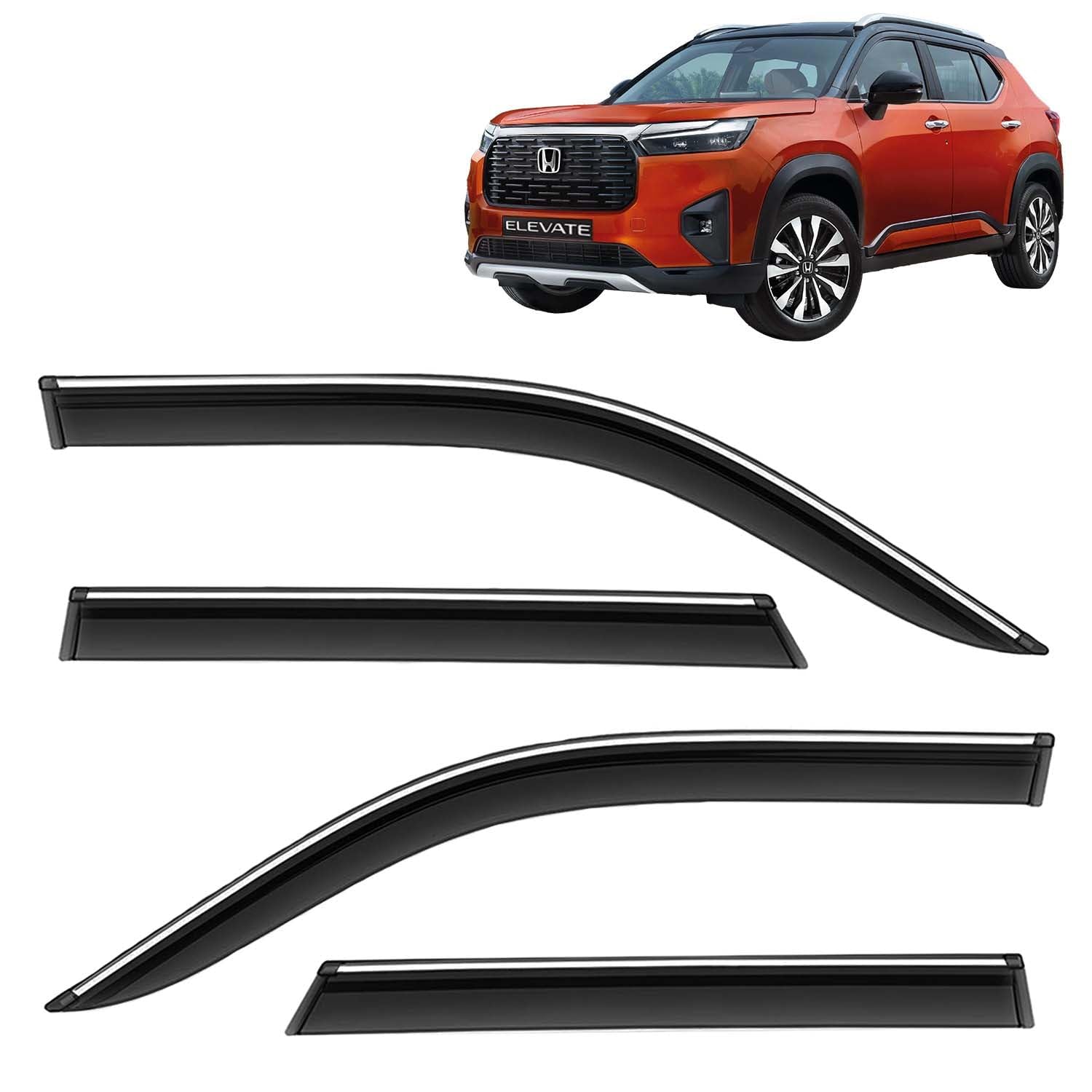 KINGSWAY Accessories Chrome Lining Door Visor Only Compatible with Honda Elevate Year 2023 Onwards All Model, Premium Chromeline Unbreakable Car Rain Guard Side Rear Wind Deflectors, Set of 4 Pcs