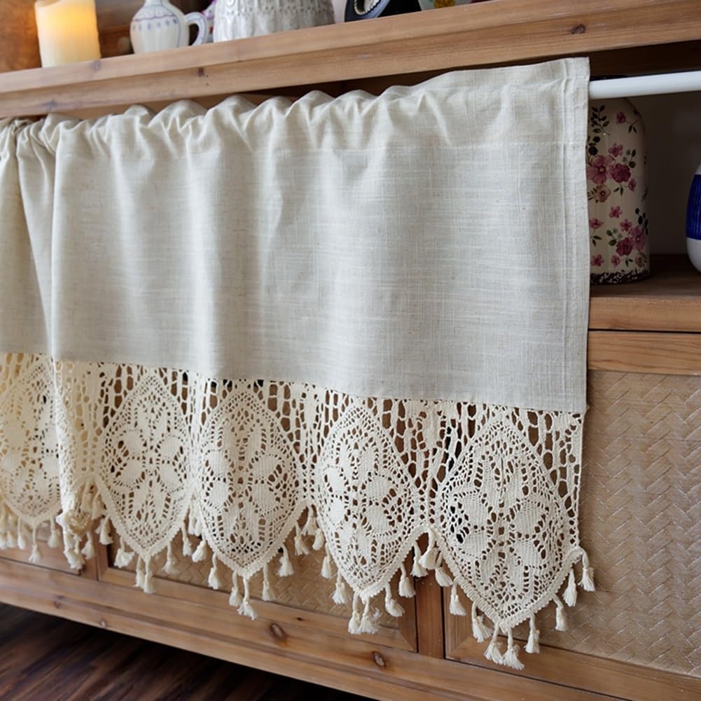 Rustic Boho Curtain Valance with Crochet Lace for Kitchen Bedroom, Rod Pocket Scalloped Edge Tassel Short Curtain