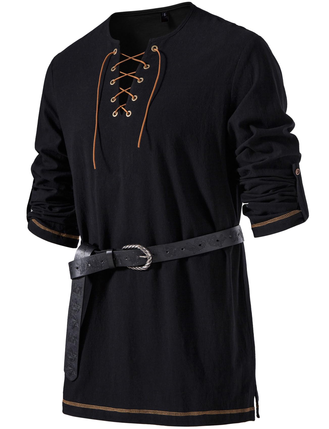 Men's Pure Cotton Vintage Lace Up Shirts for Pirate Renaissance Viking Medieval Costume Without Belt