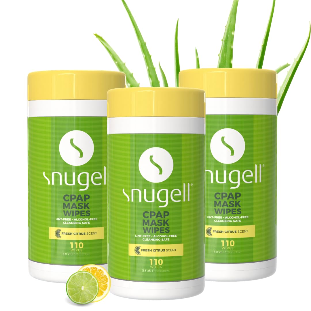 Snugell Citrus Scented CPAP Mask Wipes – 110 Count (3-Pack) – 100% Soft Cotton, Lint-Free, Alcohol-Free – Skin-Safe Formula with Aloe Vera – Easy-Open Canister for Cleaning CPAP Masks, Tubes & Devices