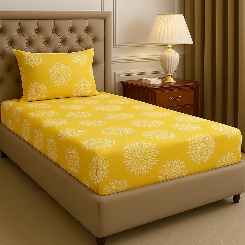 Image of Pure Cotton All Round Elastic Fitted Bedsheets with 1 Pillow Cover | Single Mattress Bed Breathable| Longlasting | Supersoft Size - 36 x 72 + 6 inches (Abstract, Color -Sunflower Yellow)