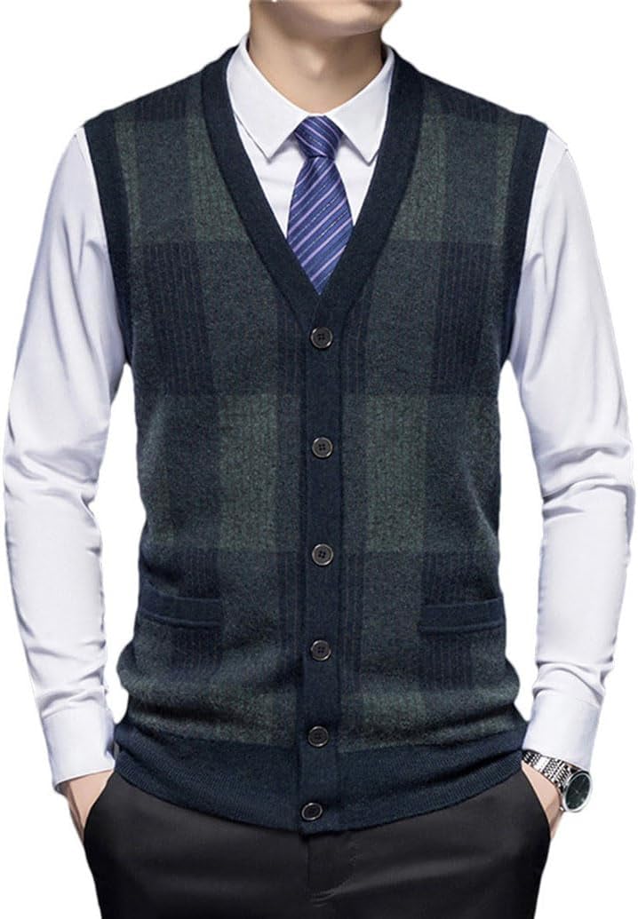 Men's Plaid Jacquard Cardigan Vest V-Neck Thickened Wool Knitted Sleeveless Sweater Vest