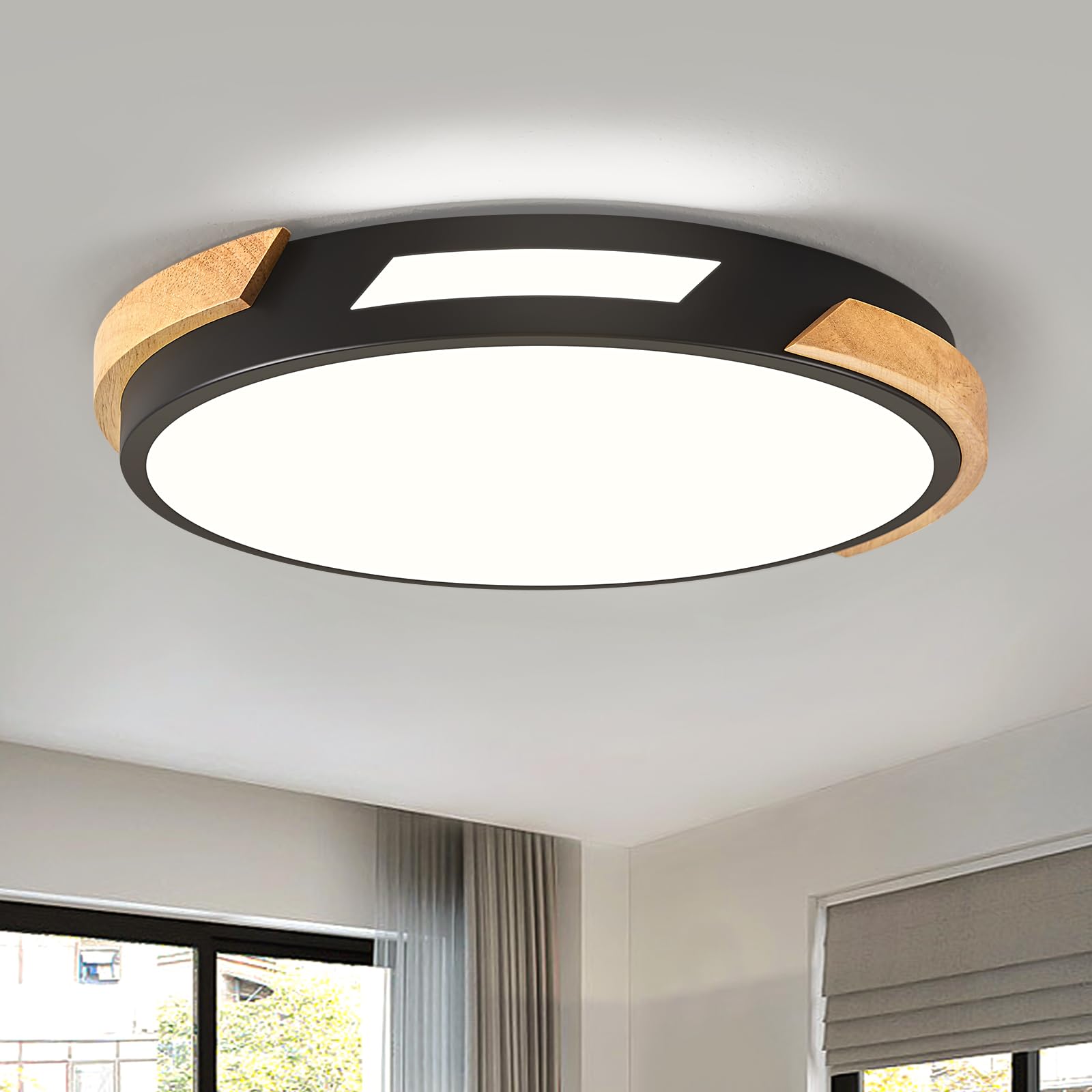 Modern LED Ceiling Light, Wood Dimmable Flush Mount Ceiling Light Fixture