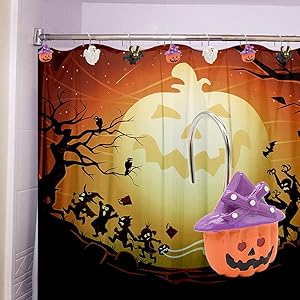 Shower Curtain Hooks, Halloween Decorative Shower Curtain Rings, 12PCS Rust Resistant Metal Shower Hooks for Bathroom, Glide Shower Rings for Shower Curtain and Liner (Halloween)