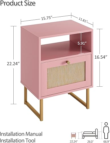 Miniatura 73 de Masupu Mesita de noche de ratán con estación de carga, moderna mesita de noche de madera bohemia con cajón de almacenamiento y estante abierto, mesa