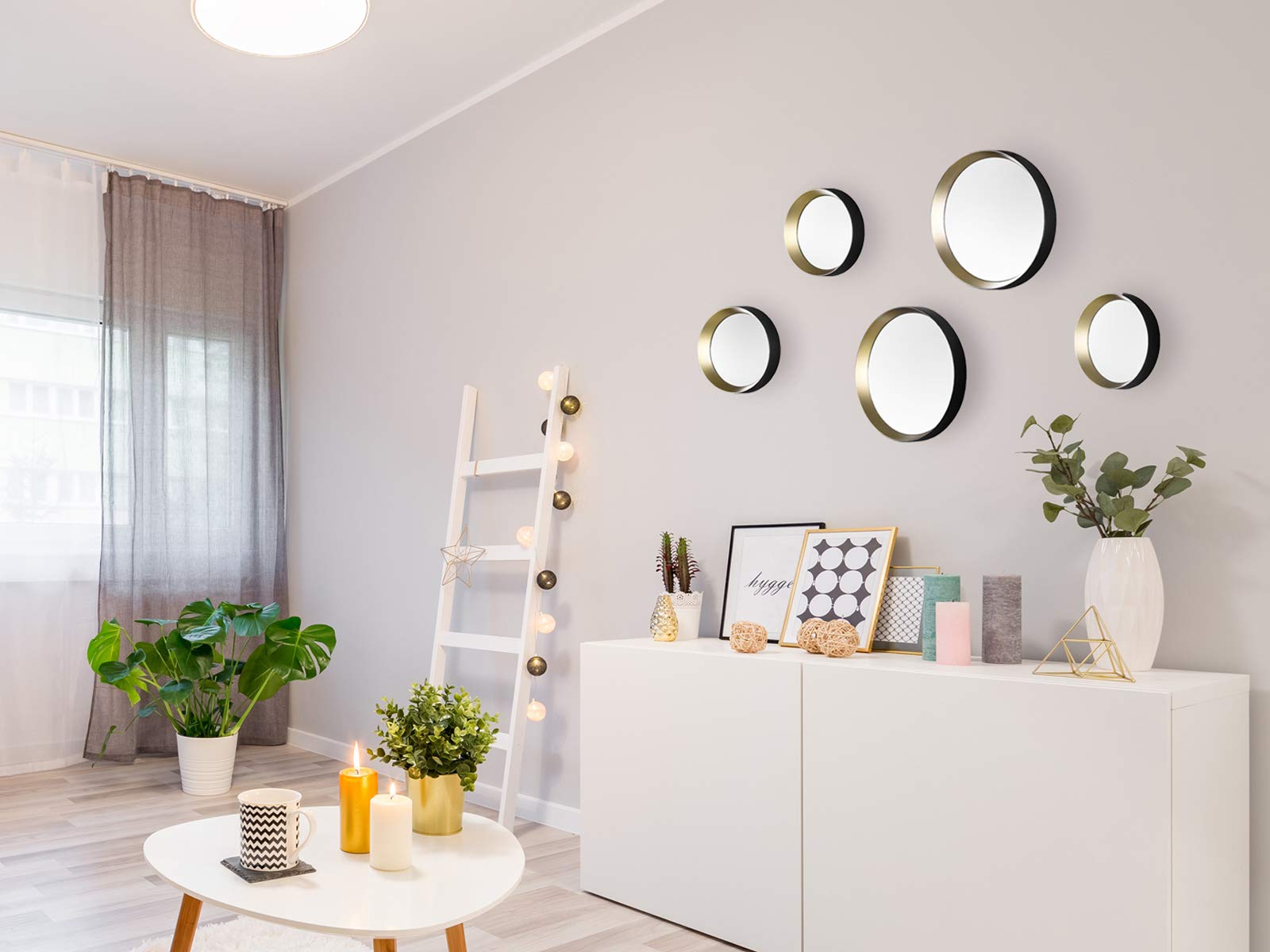 Set di 5 specchi decorativi da parete – cornice rotonda in nero e oro – con magnete per incollare senza forare