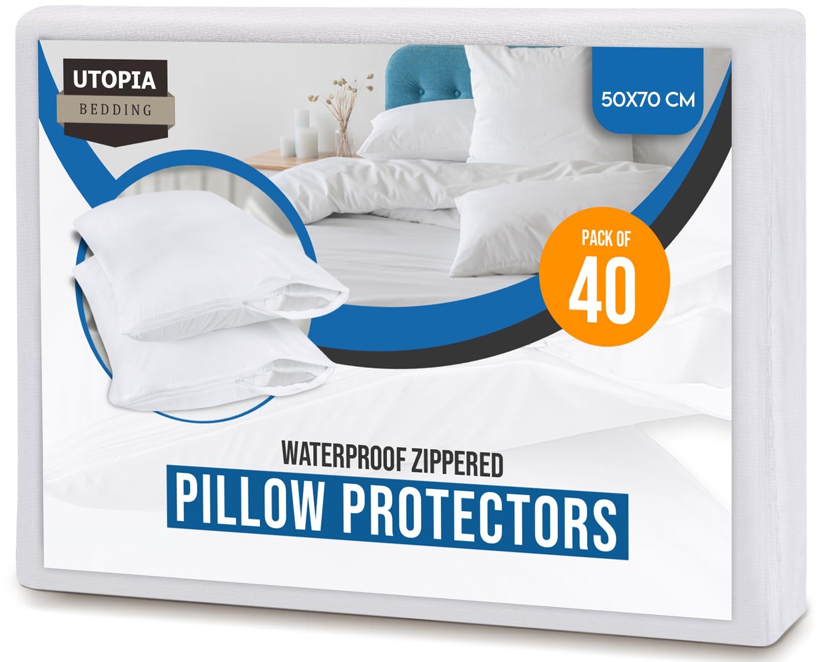 Utopia Bedding Waterproof Zippered Pillow Protectors (Size - 50 x 70 cm) - Pack of 40 - Anti Bed Bug and Dust Mite Proof Pillow Encasement
