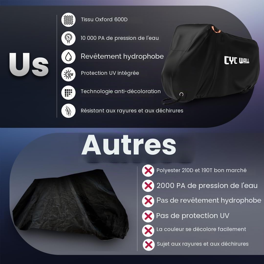 CYCWALL Housse de vélo d'extérieur pour 1 à 2 vélos – Robuste Oxford 600D résistant aux déchirures et au vent, housse imperméable pour le rangement extérieur, housse de vélo stationnaire