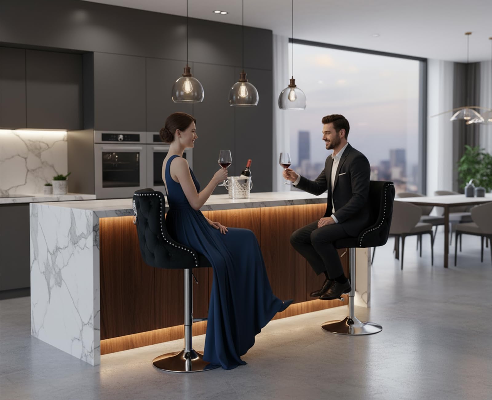Ya-Home Samt Barhocker 2er Set, Höhenverstellbare Tresenhocker mit Löwenring-Zuggriff Gepolsterte Barstühle Moderne Küchenhocker für Küche, Theke,Schwarz