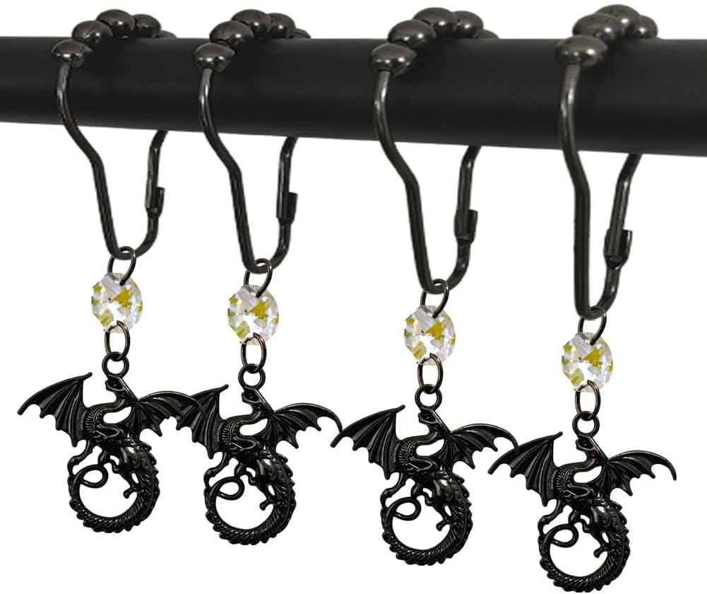 Black Dragon Shower Curtain Hooks Set of 12 for Bathroom Rods