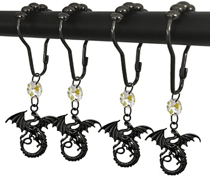 Dragon Shower Curtain Hooks for Bathroom Shower Rods, Rustproof Metal Black Shower Curtain Rings Set of 12 with Fantastic Animal Dragons Gothic Medieval Fantasy Theme Bathroom Decor Black
