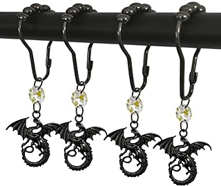 Black Dragon Shower Curtain Hooks for Bathroom Rods, Rustproof Metal Rings Set of 12 With Fantastic Animal Dragons Gothic Medieval Fantasy Theme Decor