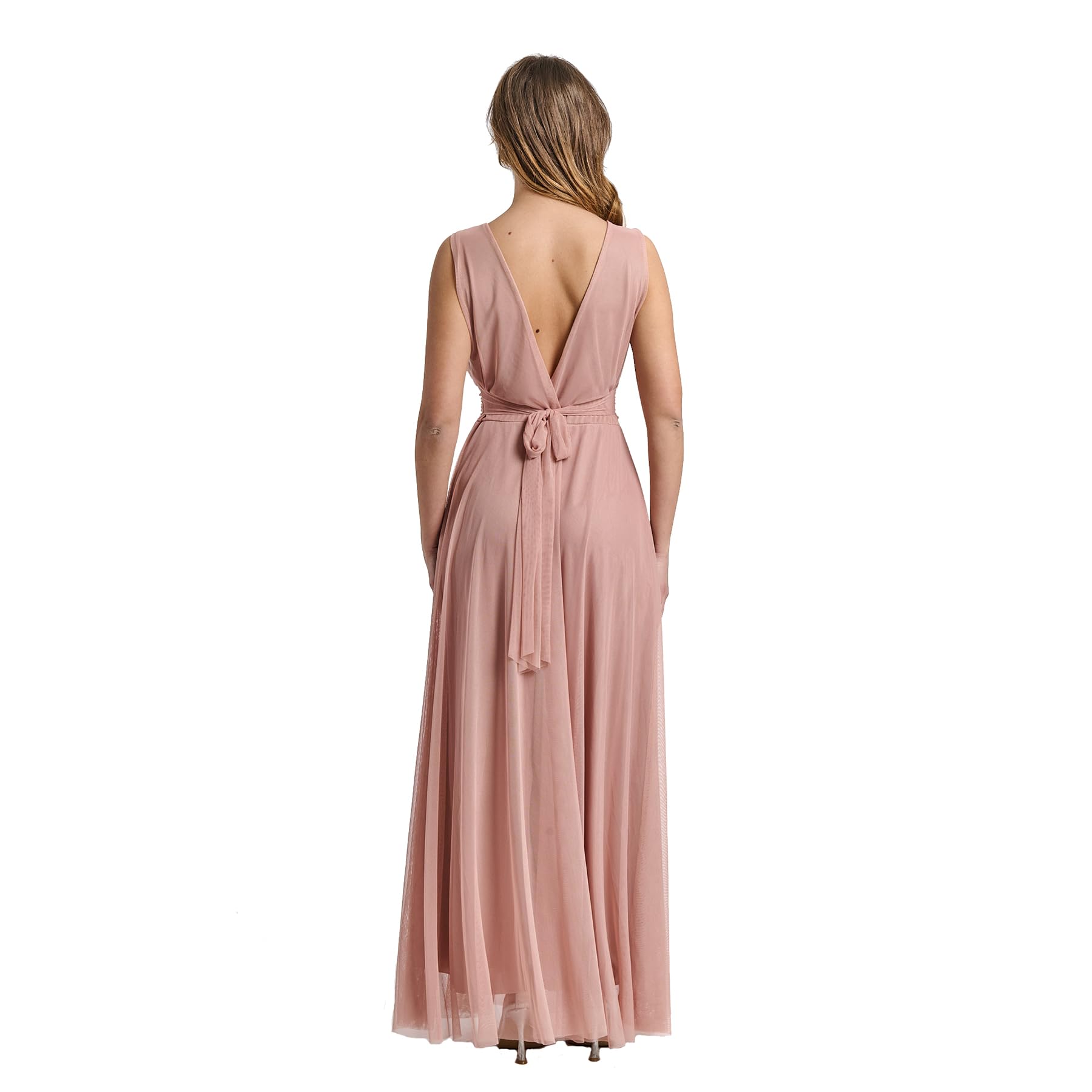 Langes Festkleid für Damen, aus elastischem Tüll mit V-Ausschnitt, hergestellt in Italien