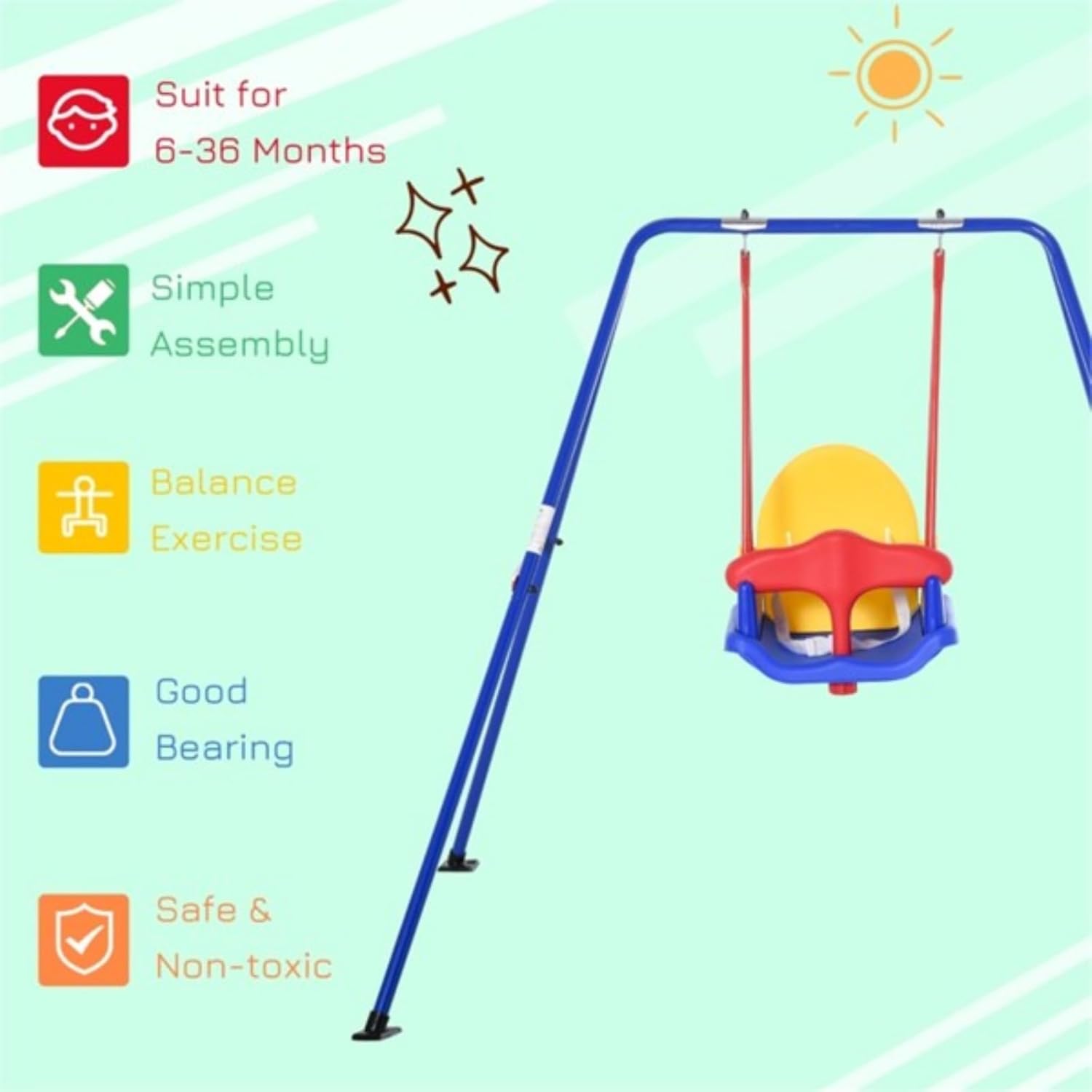 Children's Swing Outdoor Metal Swing Frame, PE Material Seat, A-Type Stable Frame, 4 Non-Slip Foot Pads, Load-Bearing 66 Pounds, Suitable for Garden and Courtyard Families, Blue, Yellow and Red