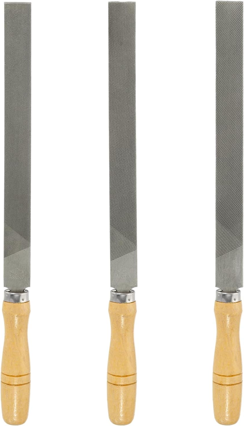 HARFINGTON 3pcs Flat Cut File 12" Double Cut Teeth High Carbon Steel Hand Rasp File with Wood Handle for Metal Wood Deburring Removing