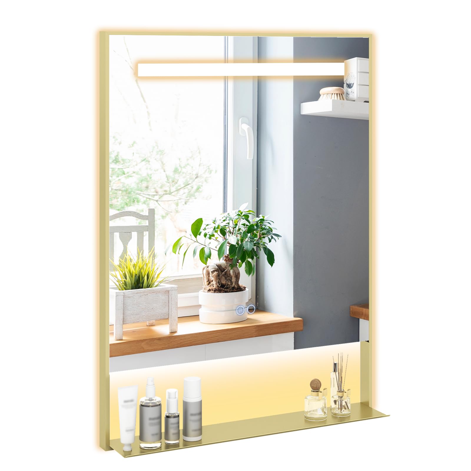 RELAX4LIFE Miroir LED Salle de Bain avec Étagère, Miroir Lumineux Salle de Bain Anti-buée, Lumière Réglable 3000K-6000K, Cadre en Aluminium, Contrôle Tactile (80x60 cm,Doré)