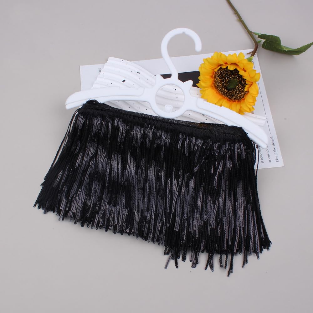 Yalulu 5 Yards Sequins Fringe Trim 8cm Wide Sequin Tassel Trim, Metallic Sewing Fringe Embellishment for Dance Stage Costume Dress DIY (Black)