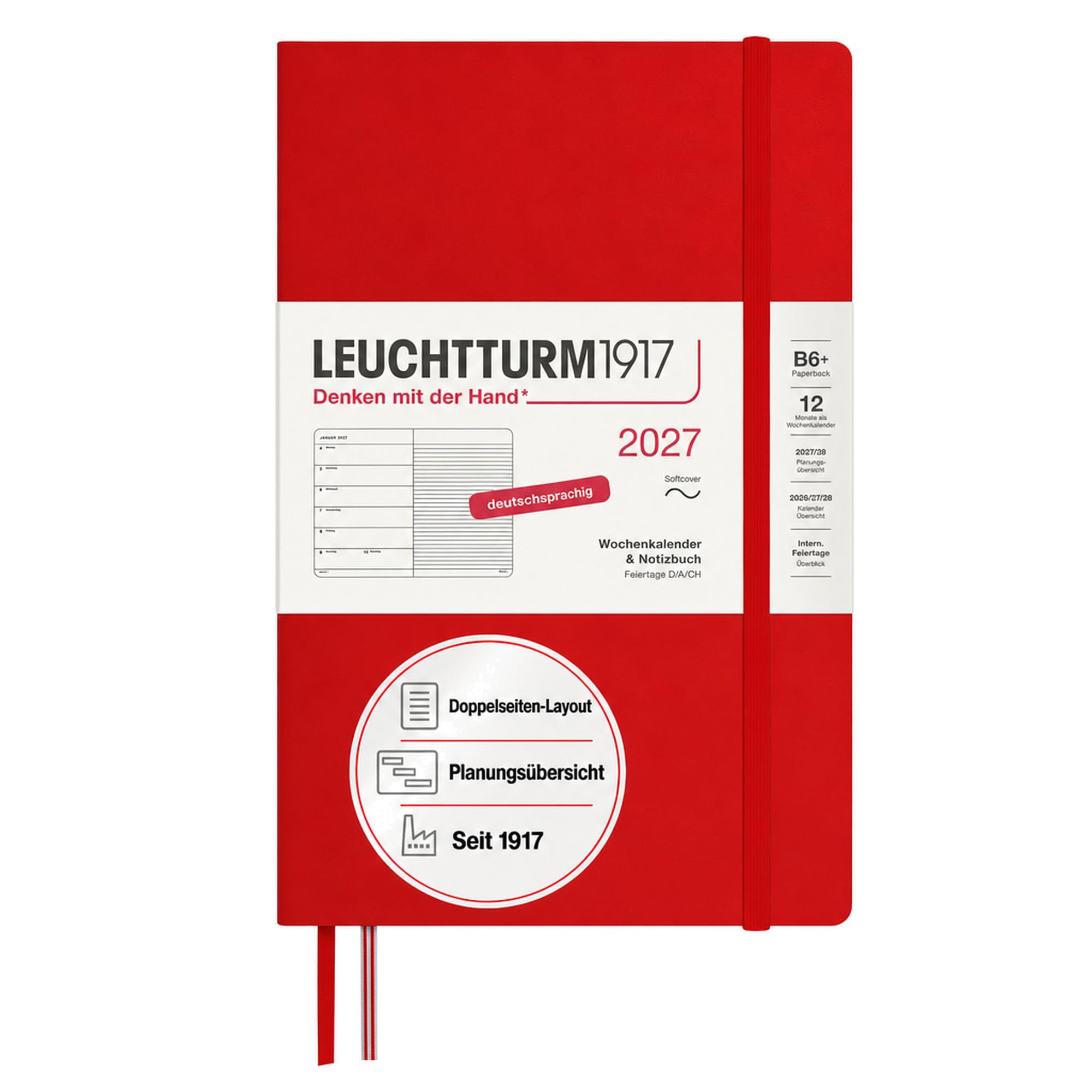 Leuchtturm1917 Weekly Planner 2027 Paperback (B6+) with Notebook - Schedule Planner German, Cherry, Softcover, January-December 2027, Weekly Overview on the Left + Note Page on the Right — image 1