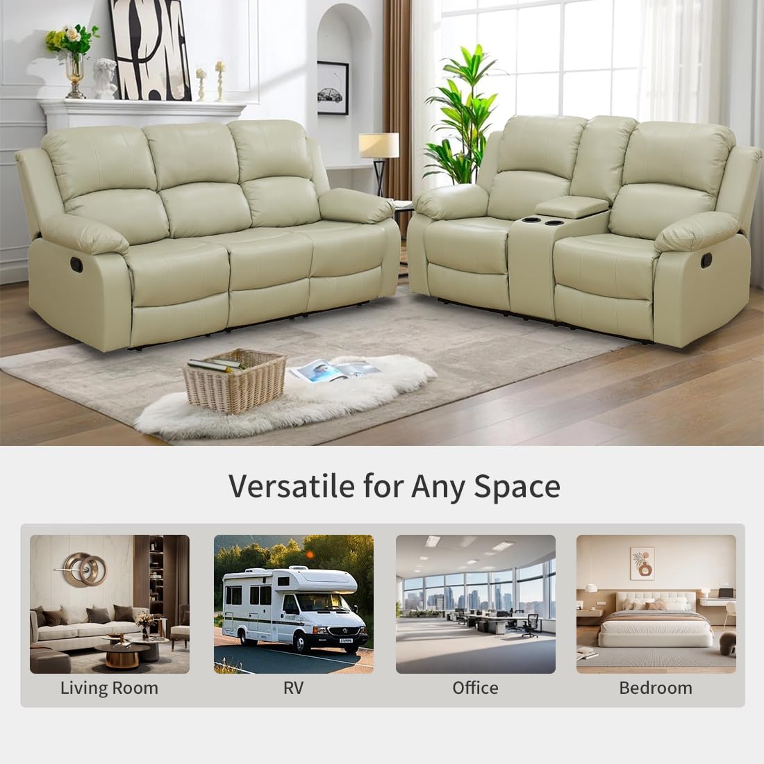 Toseslo Living Room Furniture Sets, Manual Reclining Sofa and Lovseat Set with Drop-Down Table, Leather Recliner Couch Sets, Recliner Sofa with Storage Console/Cup Holder for Home/Apartment(Beige) view 6