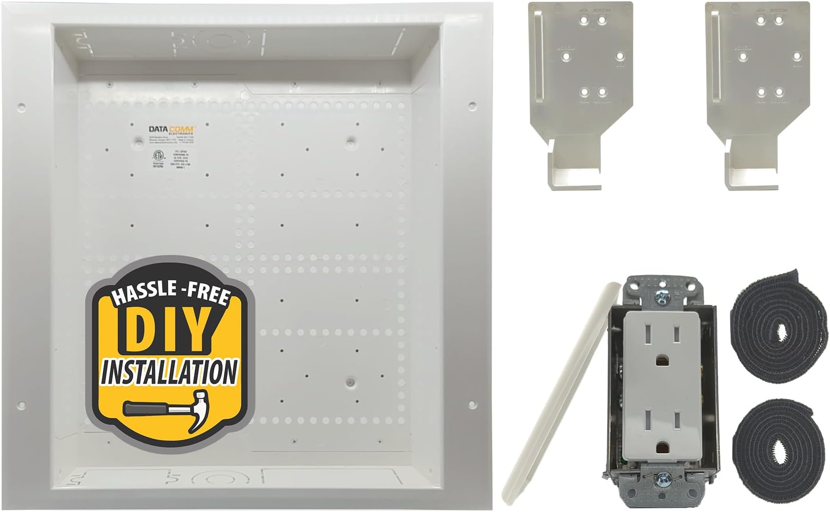 DataComm Electronics 45-8011-1P Multi-Functional Recessed Media Box with Integrated Duplex Power Receptacle For Seamless Home & Office Connectivity Solutions, In Wall Box, Hides TV Outlet & Cables