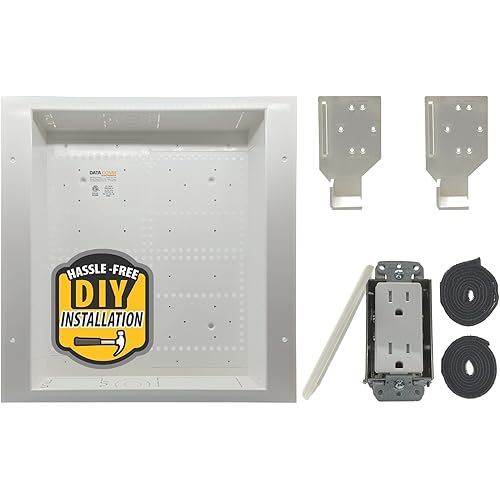 DataComm Electronics 45-8011-1P Multi-Functional Recessed Media Box with Integrated Duplex Power Receptacle For Seamless Home & Office Connectivity Solutions, In Wall Box, Hides TV Outlet & Cables