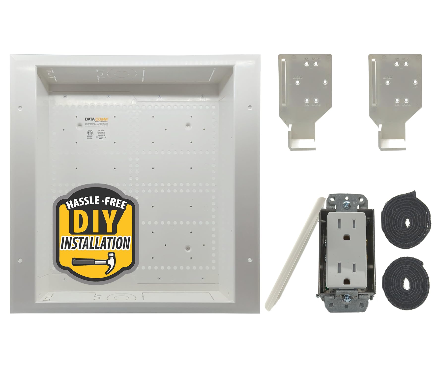 DataComm Electronics 45-8011-1P Multi-Functional Recessed Media Box with Integrated Duplex Power Receptacle For Seamless Home & Office Connectivity Solutions, In Wall Box, Hides TV Outlet & Cables