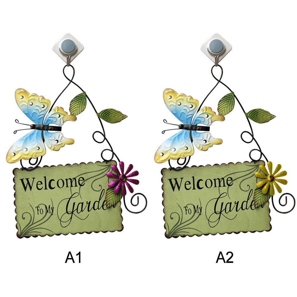 cartello di benvenuto da giardino con scritta in lingua inglese "Welcome to My Garden", in metallo da appendere, con farfalla, decorazione da parete per esterni, giallo, 18cm x 30cm