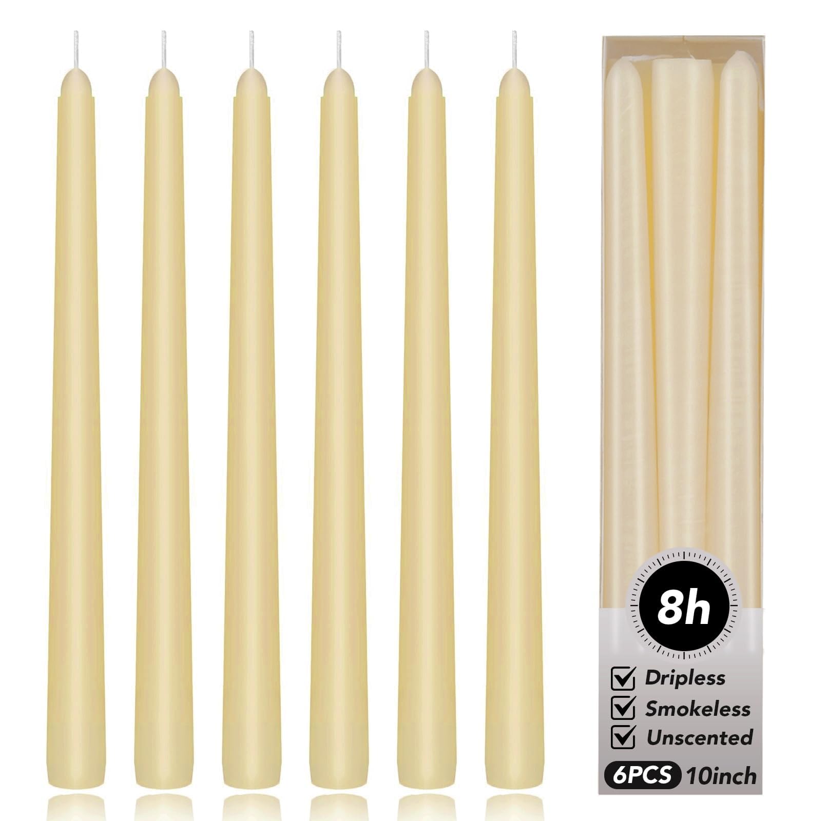 KORCCI Taper Candles 10 Inch - Long Candles, 8 Hours Long Burning, Smokeless &amp; Unscented &amp; Dripless, for Weddings, Birthdays, Dinner Parties, Rituals, Prayer, Birthdays, Meditation (White Ivory)