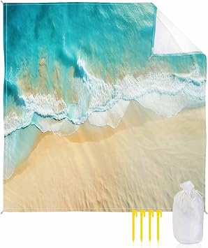 Summer Beach Beach Blanket Waterproof Sandproof, Teal Ocean Waves Beach Mat Quick Drying Outdoor Picnic Mat 118" x 108" for 1-8 Adults, Essentials for Travel Camping Hiking