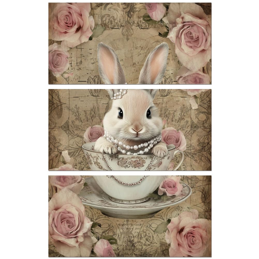 Peacoblue Rub on Transfer Sticker for Furniture Crafts Decor 6"x12" Vintage Teacup Bunny and Roses, 3Pcs Waterproof UV DTF Transfer for Lingerie