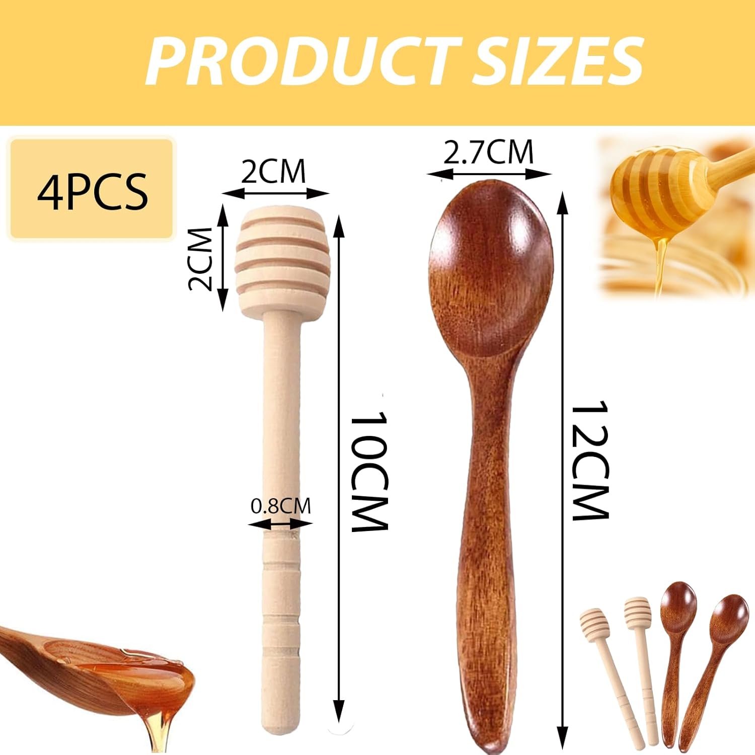 4 Pack Wooden Honey Dippers, 15cm 10cm Eco-Friendly Bamboo Honey Stirrer Sticks for Honey, Jam, Syrup, Dessert, and More-Natural Honey Mixing Spoons