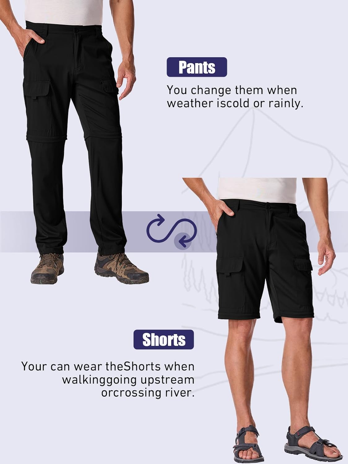 Hiking Pants Men Convertible Quick Dry UPF 50 Lightweight Zip Off Safari Fishing Travel Cargo Trousers - Image 3