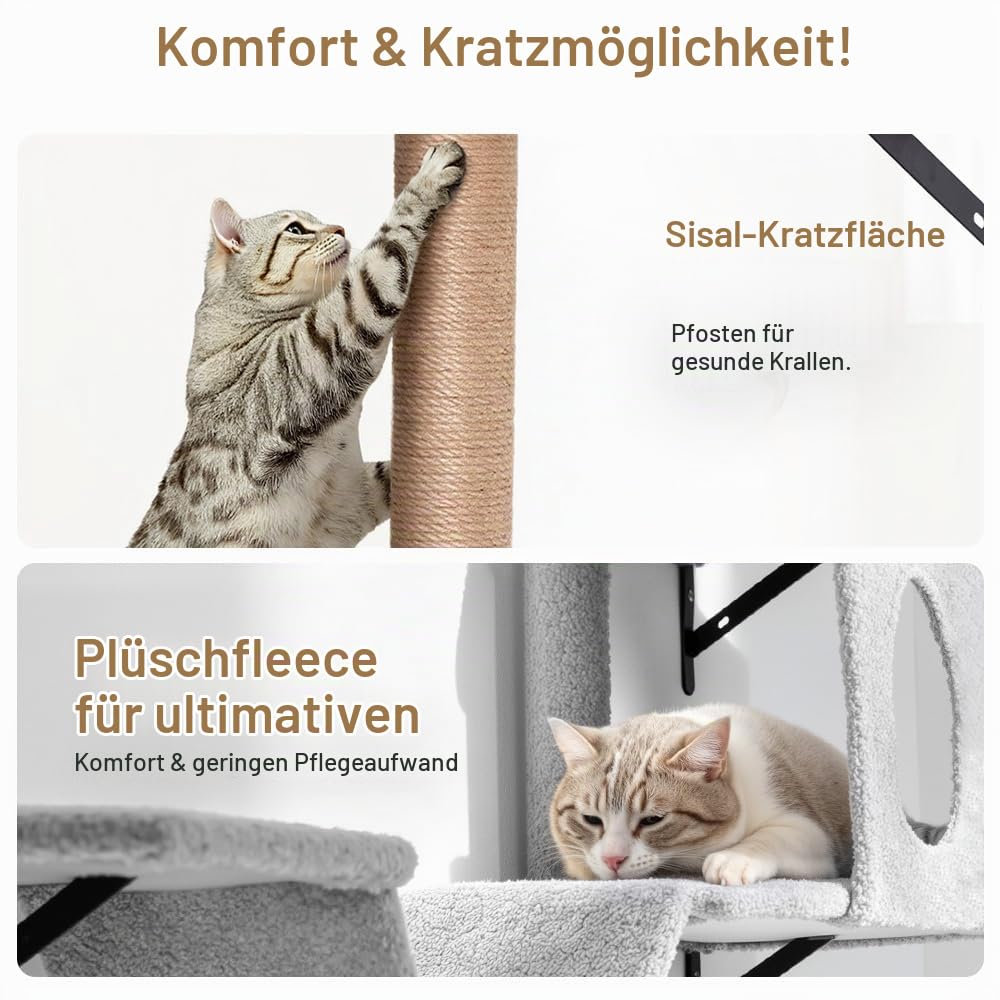 PawGiant 5-in-1 Kletterwand Katzen Set, Stabiles Holz Katzen Wandelemente mit Kratzbaum Wand, Kratzbrett, Katzenhöhle, Hängebrücke und Ruhe, bis 18 kg, Hellgrau