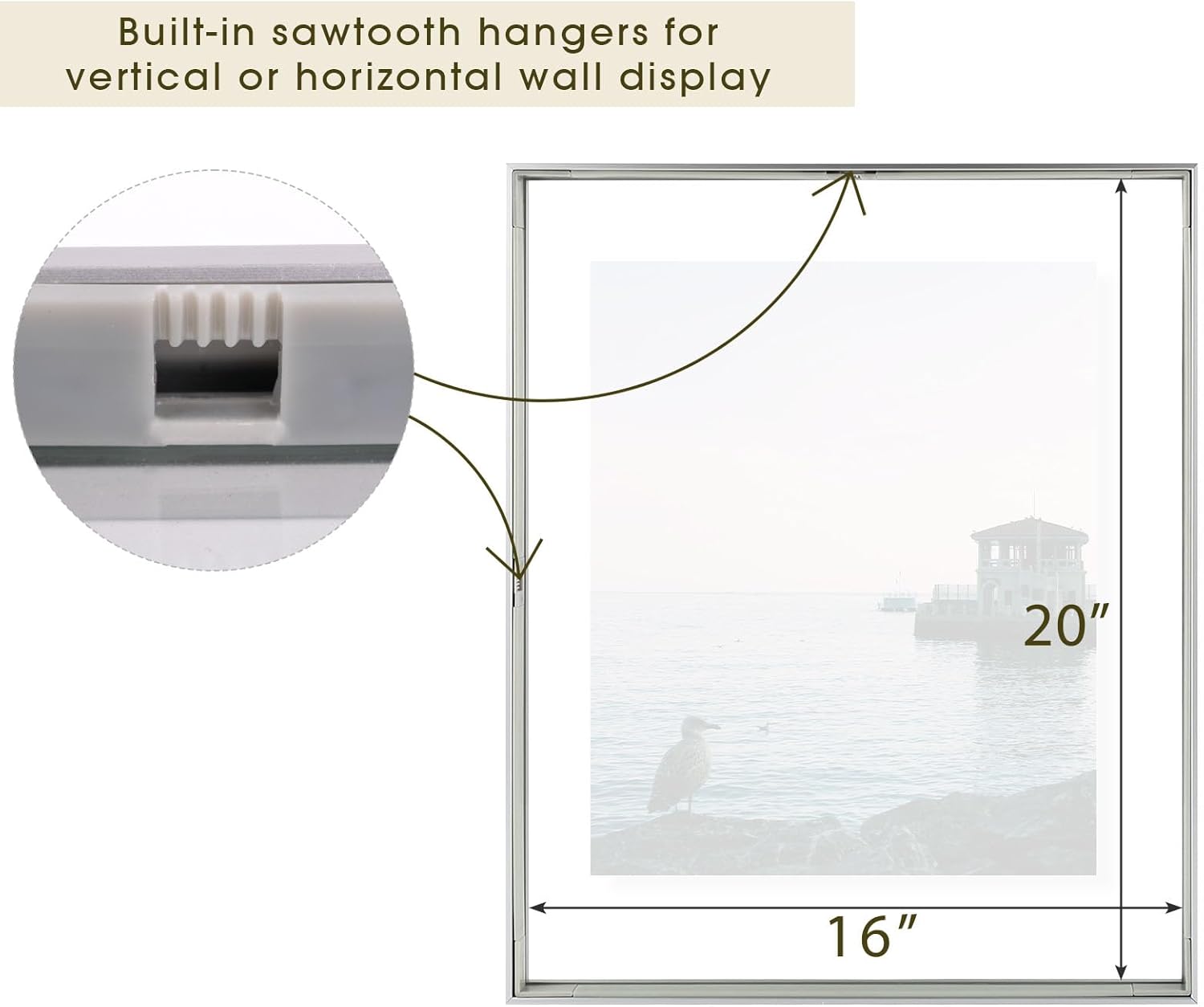 Golden State Art, 16x20 Floating Frame, Silver Aluminum Picture Frame, Clear Glass Displays Any Size Photo Up to 16x20, Home Gallery Wall Decoration, Display Horizontal and Vertical