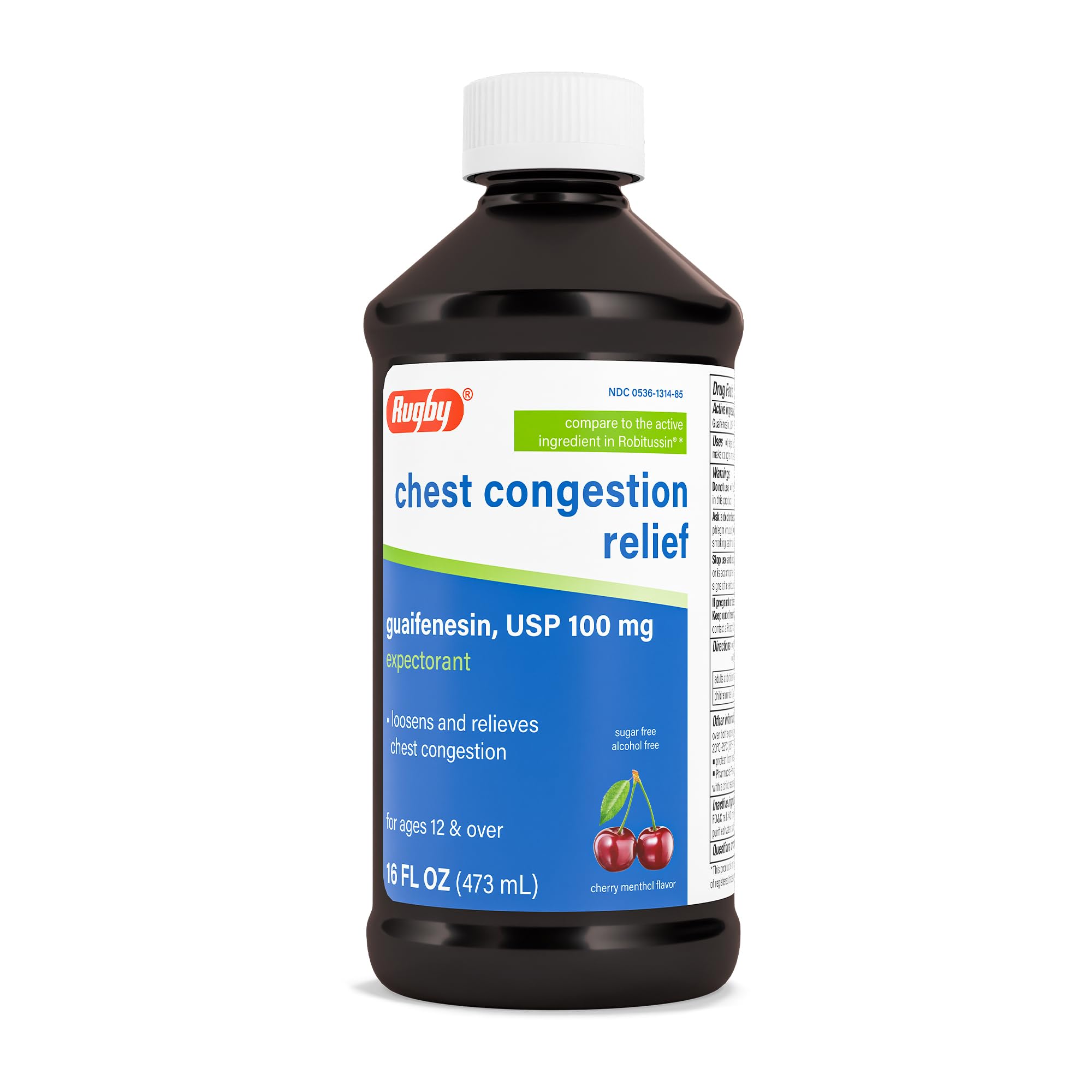 Rugby Chest Congestion Relief Expectorant, Guaifenesin USP 100 mg, Alcohol-Free Cherry Menthol Cough Syrup, 16 fl oz (1 Pack)