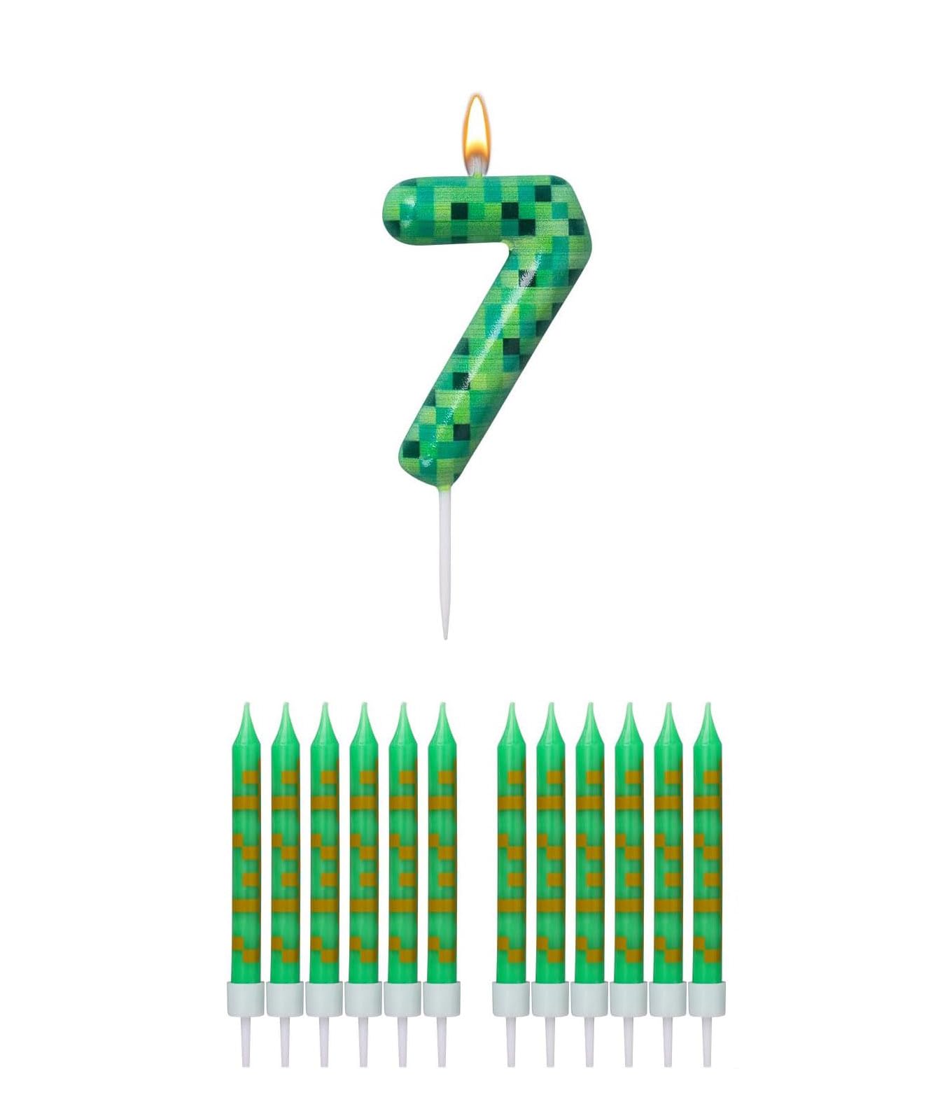 Pixel Birthday Cake Candle Miner Theme, Number 7 Green Birthday Candles for 5th Birthday, Video Game Party Supplies Cake Topper Decoration for Boys Kids