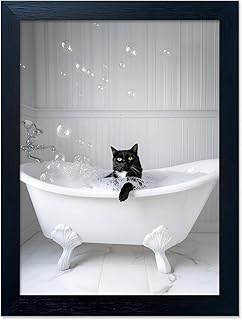 Framed Black Cat Bathroom Decor Funny Animal Bathroom Wall Art Black and White Canvas Print Artwork for Wall